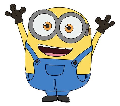 a cartoon minion wearing overalls and goggles with his hands in the air