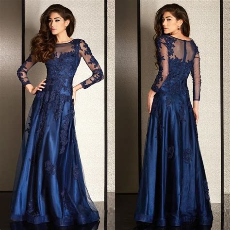 2016 Sheer Long Long Sleeve A Line Dark Royal Blue Evening Dresses ...