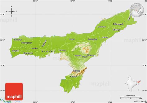 Physical Map of Assam, single color outside