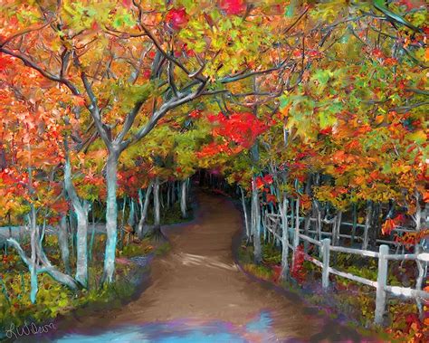 Autumn Fall Tree Trees Art Forest Path Trail Oil Painting Print Lake of ...