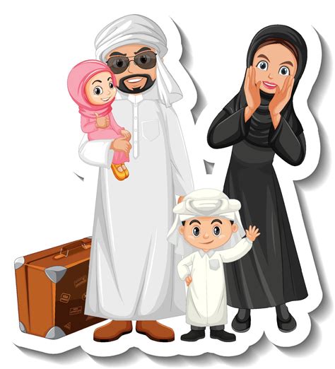 Happy Arab family cartoon character sticker on white background 3531789 ...