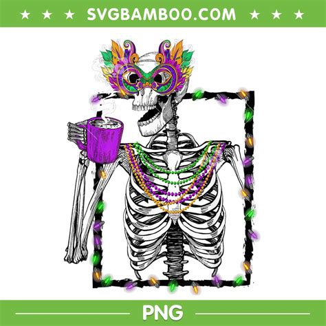 Mardi Gras Skeleton Drinking Coffee PNG