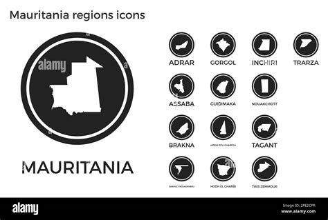 Mauritania regions icons. Black round logos with country regions maps ...