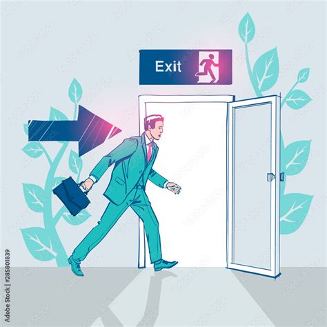 Businessman runs into open door. Symbol exit. Human is running from ...