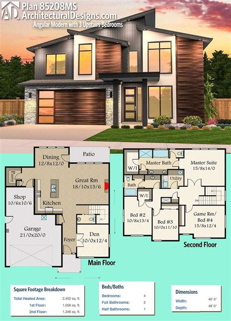 Plan 85208MS: Angular Modern House Plan with 3 Upstairs Bedrooms | Open ...