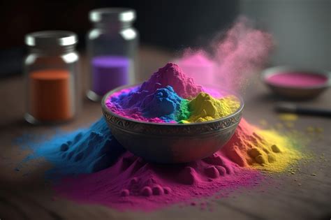 Free Photo | Colorful holi powder in bowl on wooden table closeup on ...