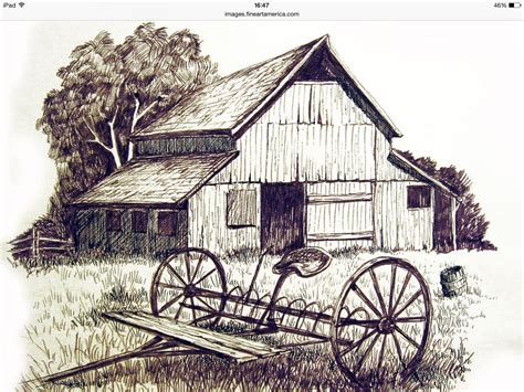 Ink pen drawings, Landscape drawings, Barn drawing