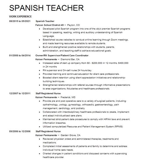 Spanish Teacher Resume Example