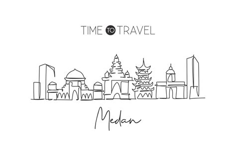 One continuous line drawing Medan city skyline Indonesia. Beautiful ...