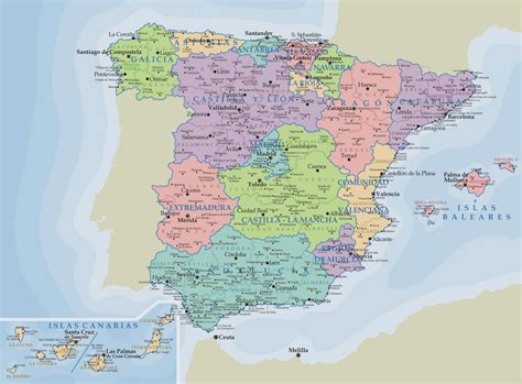 Detailed administrative map of Spain with major cities | Vidiani.com ...