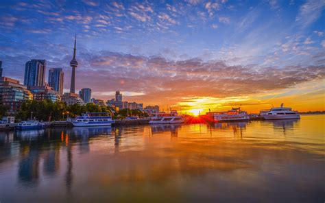 4k, Toronto, CN Tower, sunset, pier, modern buildings, Canada Wallpaper ...