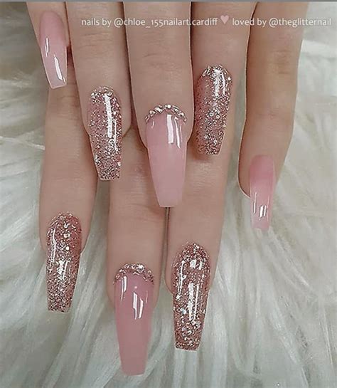 50 Pretty French Pink Ombre And Glitter On Long Acrylic Coffin Nails ...