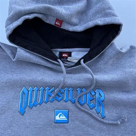 QUIKSILVER RETRO GREY/BLUE PRINT HOODIE BOXY... - Depop