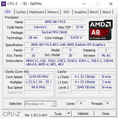 AMD A8-7410 @ 2195.55 MHz - CPU-Z VALIDATOR