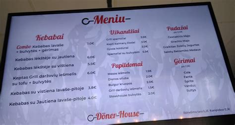 Menu at Doner House restaurant, Vilnius, Trimitų g. 24