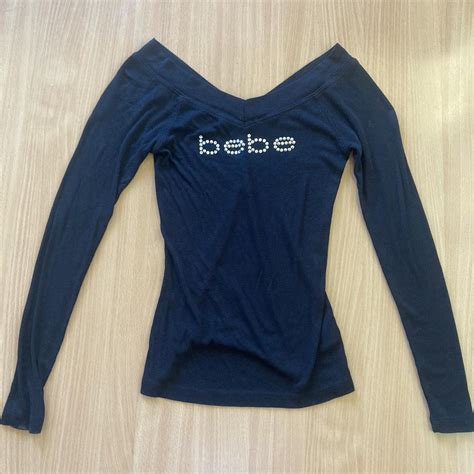 vintage bebe long sleeve logo shirt slight v neck... - Depop