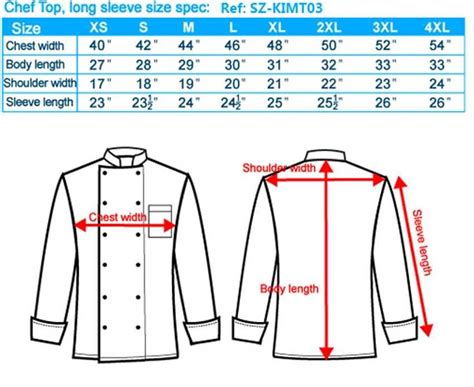 chef coat size chart, chef coat size conversion, chef coat size spec ...