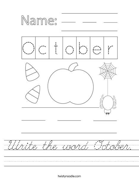 Write the word October Worksheet - Cursive - Twisty Noodle