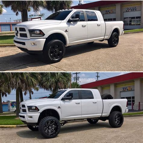 Before and after. White lifted ram 2500 mega cab. Beautiful set up ...