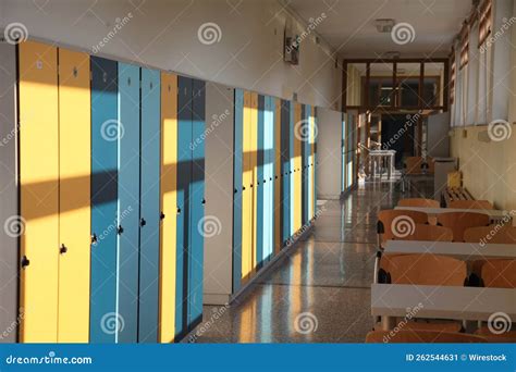 Empty School Corridor with Shelves Stock Image - Image of pandemic ...