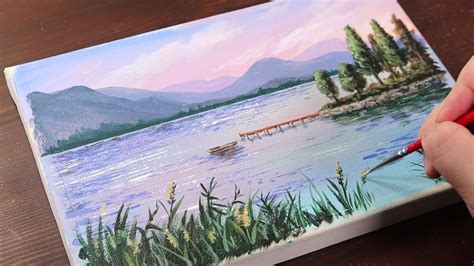 Calm Lake Landscape / Easy acrylic painting for beginners ...