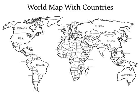 Black And White World Map - 20 Free PDF Printables | Printablee