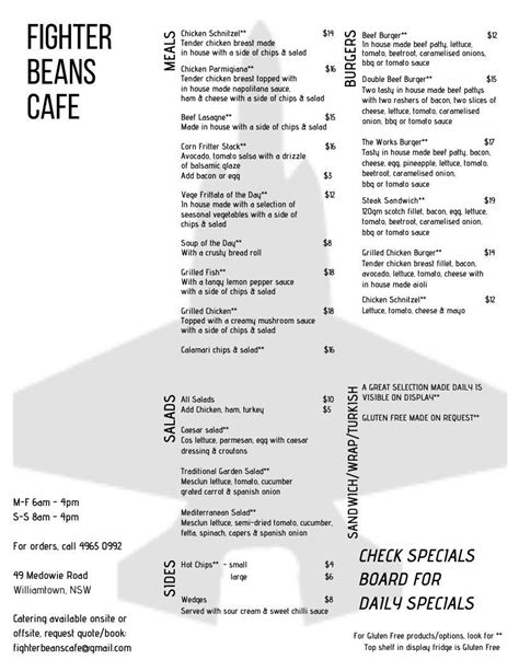 Menu at Fighter Beans Cafe, Williamtown