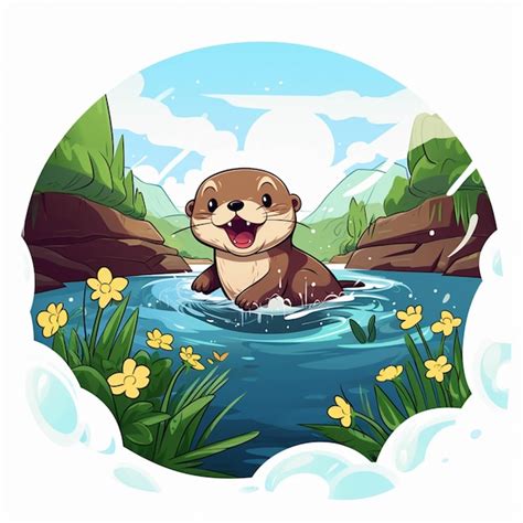 Premium AI Image | Cartoon otter in the river with flowers and grass ...