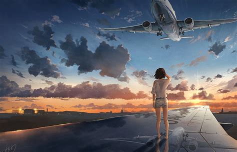 HD wallpaper: Anime, Original, Airplane, Cloud, Girl, Reflection ...