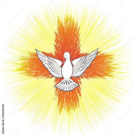 Holy Spirit symbol, dove with halo and light rays in a shape of a cross ...