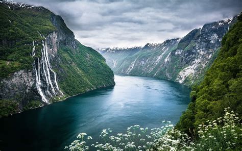 Geiranger, Norway, Fjord, Waterfall, Cliff, Clouds, Wildflowers ...