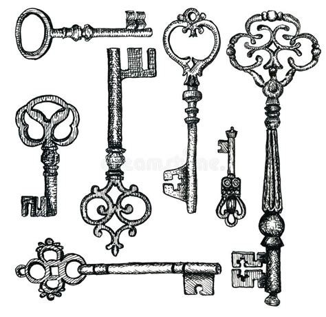 7054 Hand Drawn Vintage Key Set. Ink Black and White Drawing Stock ...