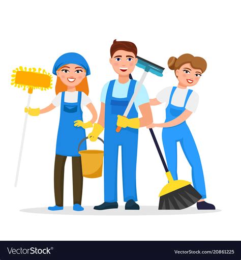 Cleaning service staff smiling cartoon characters Vector Image