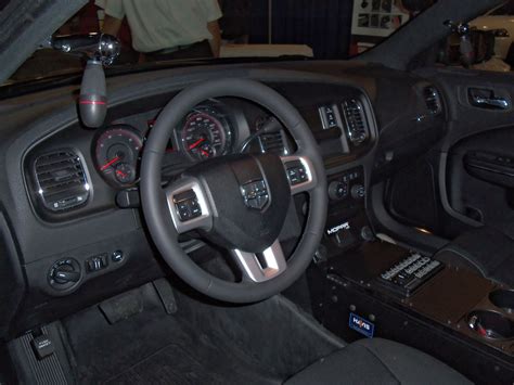 Interior view of Dodge Charger Pursuit police sedan. Console mount and ...