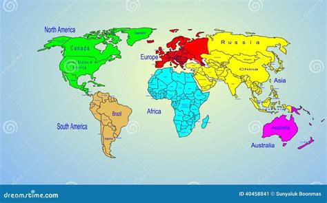 World Color Map Continents and Country Name Stock Illustration ...