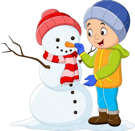 Premium Vector | Cartoon little boy building a snowman