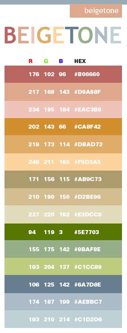 beige tones in hex and rgb | Rgb color codes, Color schemes, Color coding