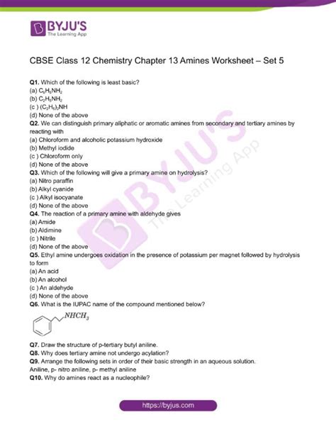 Class 12 Chemistry Worksheet on Chapter 13 Amines - Set 5