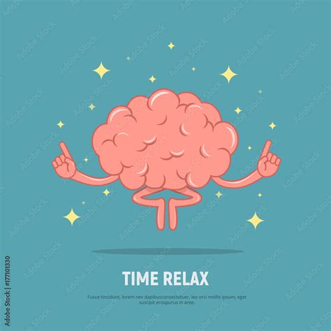 Cartoon brain meditation. Concept time relax. Calm brain in position ...