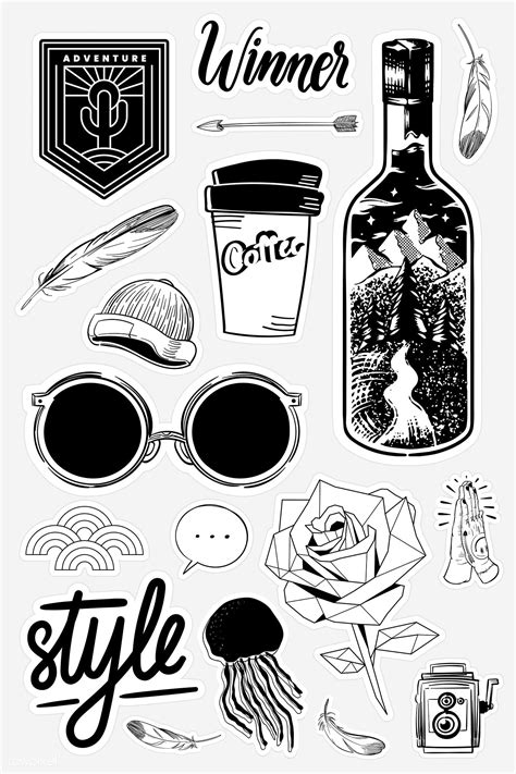 Set of black and white sticker doodle vector | premium image by ...