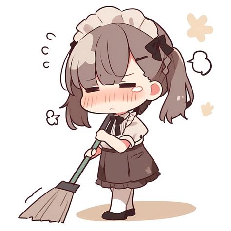 Premium Photo | Minimal Japanese Crying Kawaii Maid Girl Sweeping Chibi ...