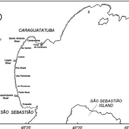 Map of Caraguatatuba Bay showing its beaches and rivers. | Download ...