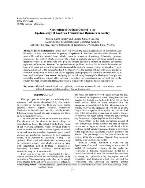 (PDF) Application of Optimal Control to the Epidemiology of Fowl Pox ...