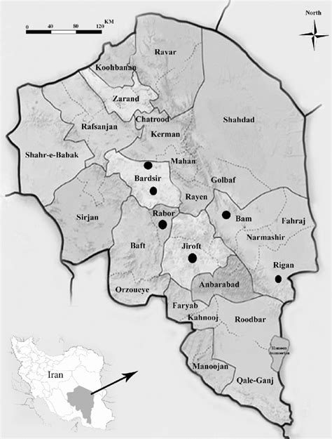 A map of the Kerman Province of Iran showing the five counties ...