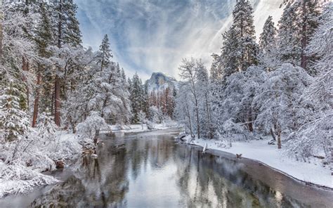 Download wallpapers Merced River, winter landscape, forest, winter ...