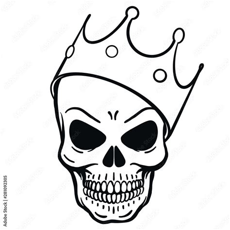 outline drawing of a wicked skull with a crown on its head. horror ...