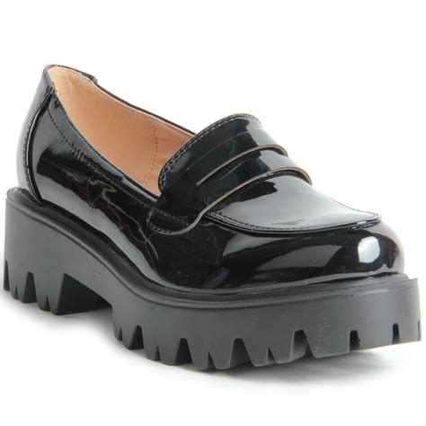 women ladies cleated chunky platform sole flat loafer black patent ...