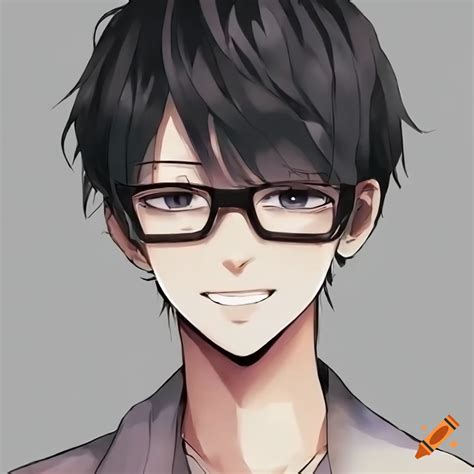 A black hair anime boy wear glasses with big smile look so happy on Craiyon