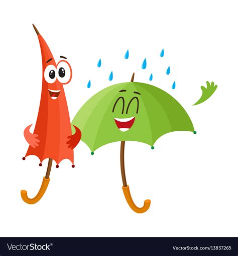 Two funny happy umbrella characters open Vector Image