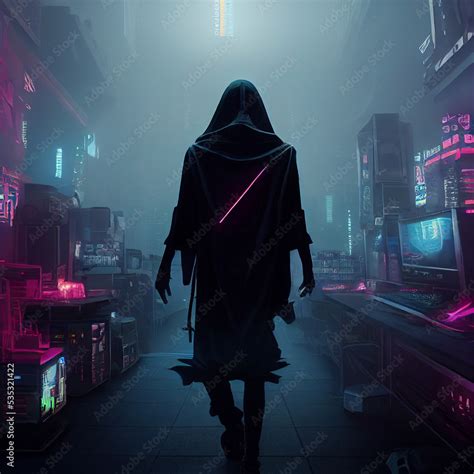 cyberpunk Dark hooded character in foggy hacker place, neural network ...